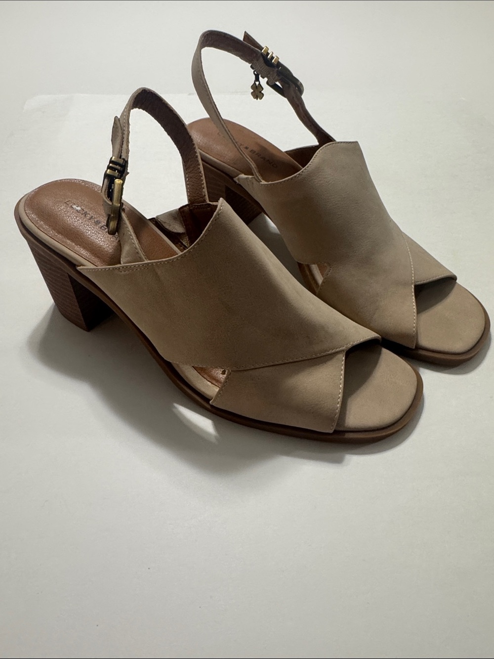 Lucky Brand Taupe Open-Toe Slingback Block Heels